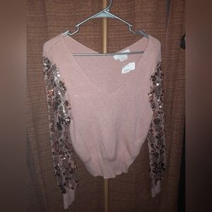 Elegant Pink Sequin Sleeve Sweater